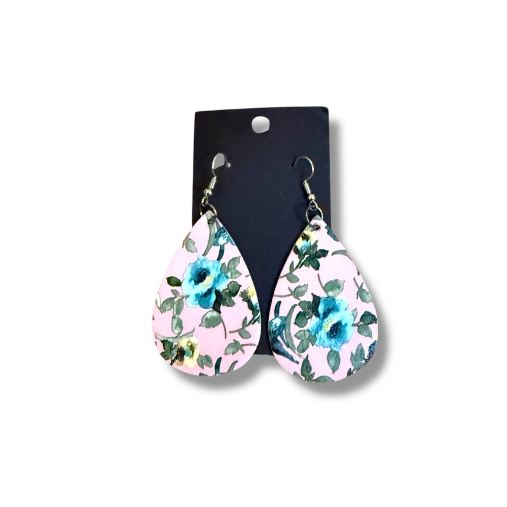Floral Teardrop Faux Leather Earrings Pink Blue‎ Green Women’s Lightweight Boho